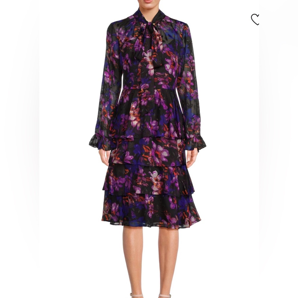 MIKAEL AGHAL Floral Ruffle Midi A Line Dress Sz 0 Excellent Pre-Owned Condition